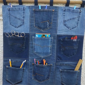To order. Denim entryway organizer, upcycled jeans wall hanging, patchwork denim organizer, student&#39;s organizer,  multy functional organizer