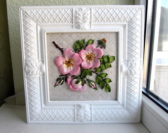 3D Ribbon Embroidered Dog Rose, Framed Botanical Picture