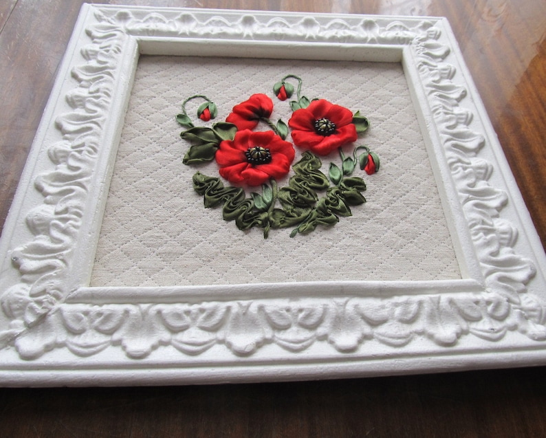 framed red poppy 3D ribbon embroidery framed summer picture Embroidered poppy ribbon embroidered picture botanical picture red poppy