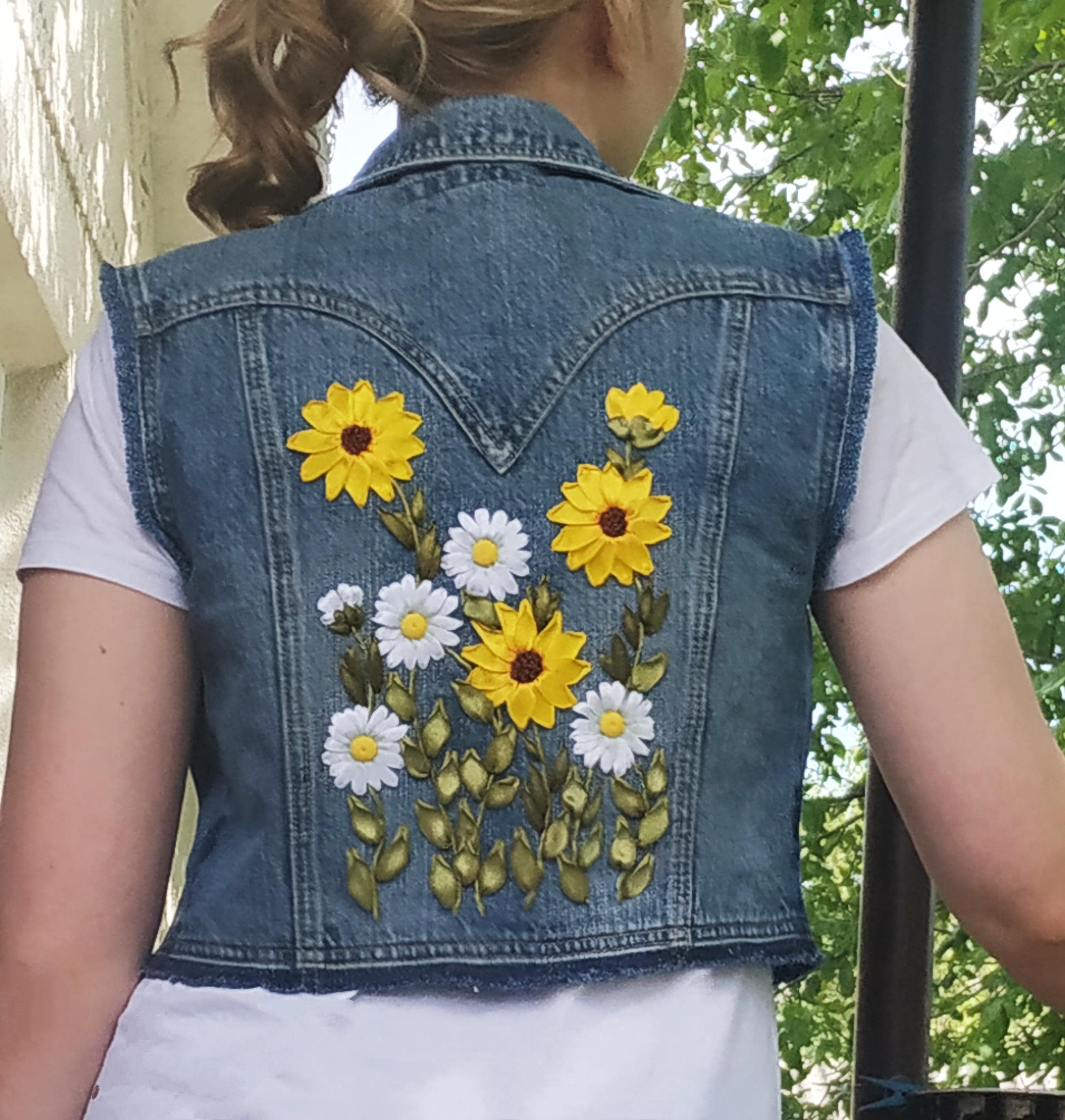 Embroidered denim vest for women, Ribbon embroidery handmade outfit, Upcycled clothes vest