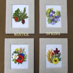 Ordenar. Tarjeta de lino con bordado de cinta, juego de cartas de cuatro estaciones, miniatura de temporada enmarcada, 4º 12º aniversario, decoración de pared de lino, estaciones
