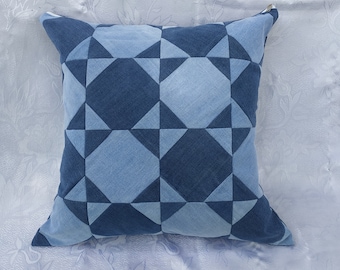 Recycled Denim Patchwork Pillow Cover, Eco-Friendly Cushion (17x17 in)