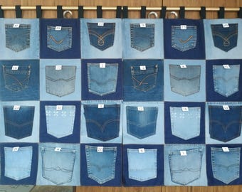 Geüpcycled denim pocket adventskalender, opberger met patchwork, 2-in-1 wandhanger
