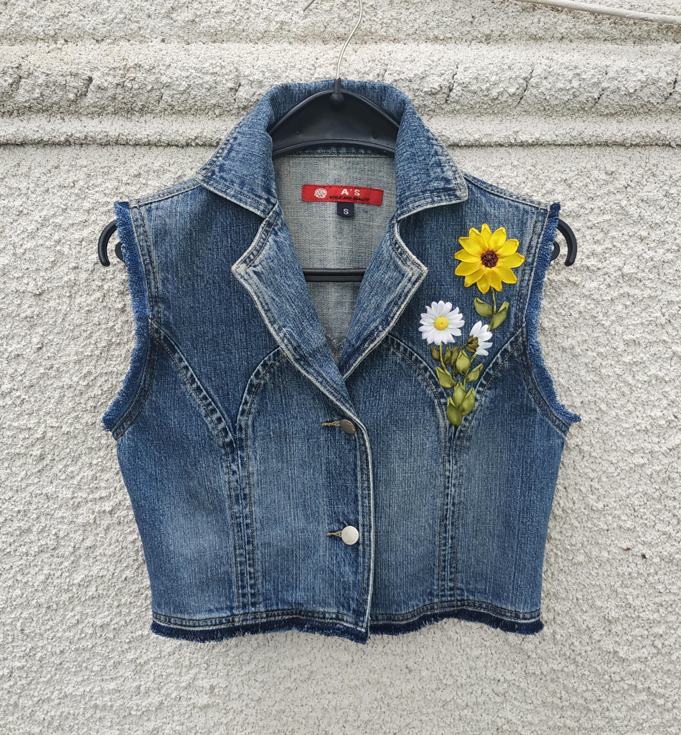 Embroidered denim vest for women, Ribbon embroidery handmade outfit, Upcycled clothes vest