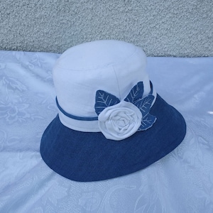 To order. White-blue jeans  hat, recycled denim hat, American patriotic hat, denim hat, American flag colors hat, denim rose white-blue hat