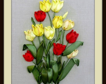 Por encargo. Tulipanes de cinta de satén, imagen de tulipanes grandes, imagen floral, arte de pared con tulipanes, tulipanes de yellow@red, tulipanes de cinta bordados