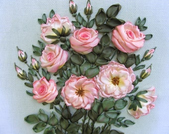 Ribbon Embroidery Rose Bouquet, Pink Roses Linen Wall Art, Housewarming Gift