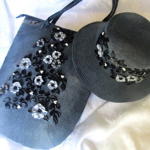 Embroidered denim bag & hat, ribbon embroidery bag hat set, grey jeans hat, denim shoulder bag, smoky-grey denim tote, denim bucket hat