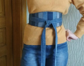 Obi-bälte i återvunnet denimmönster, vändbart omlottmidjebälte