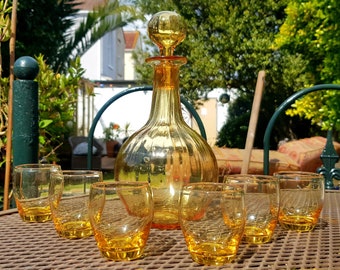 Vintage Golden Amber Hand Blown Glass Decanter & 6 Tumbler Glasses Set