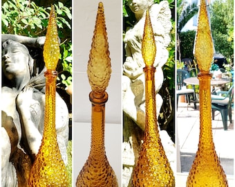 Vintage 22&quot; Italian Empoli Genie Bottle Amber Glass Decanter Hobnail Stopper