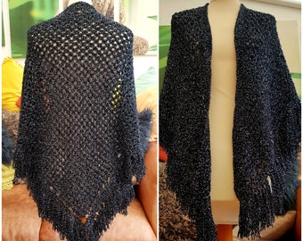 Châle au crochet fait main vintage noir argent pailleté