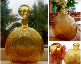 Vintage 13" Rossini Italian Empoli Genie Bottle Amber Glass Decanter Round Embossed Large Dimpled Ball Stopper