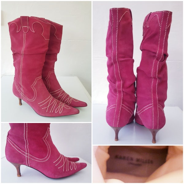 Vintage 90's Karen Millen Kitten Heel Cowboy Boots Pink Real Suede Leather Size 5