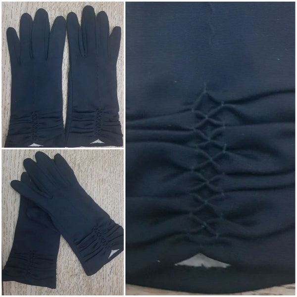 Vintage Gloves Black 1960's Short Matt Satin Ruched Fully Lined
