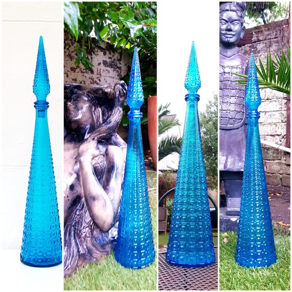 Vintage 22" Italian Empoli Genie Bottle Kingfisher Blue Glass Decanter Aztec Embossed Turquiose