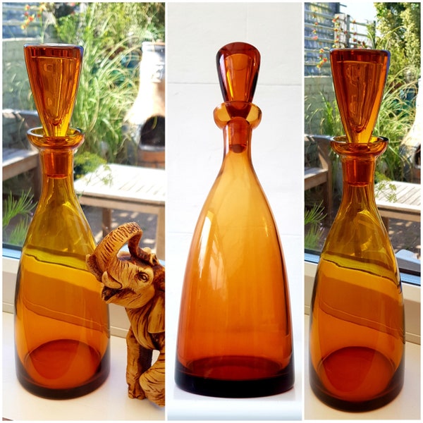 Vintage Art Deco Czeck Heavy Dark Amber Glass Liquor Decanter with Solid Glass Stopper Blenko Style