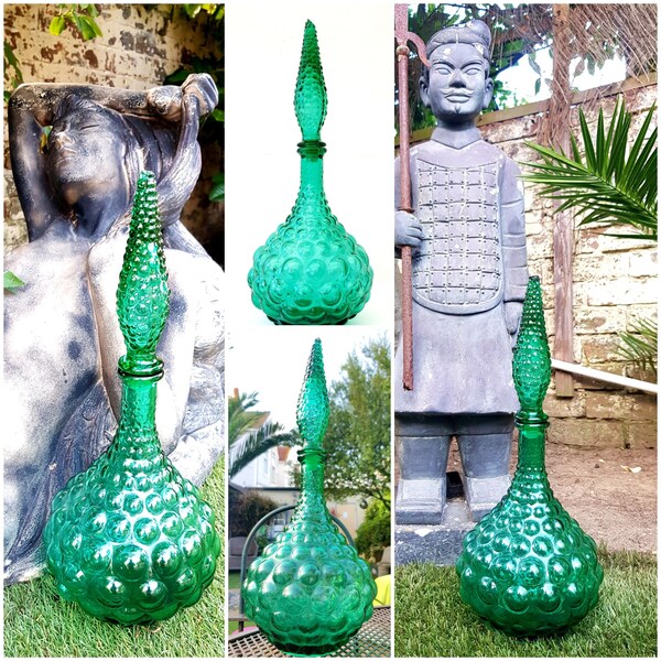 Vintage 15.5" Italian Empoli Squat Bubble Genie Bottle Teal Forest Green Glass Decanter & Hobnail Stopper