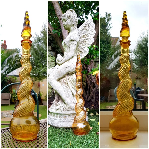 Vintage 17" Italian Depose Genie Bottle Amber Glass Spiral Decanter Twist Snake & Stopper
