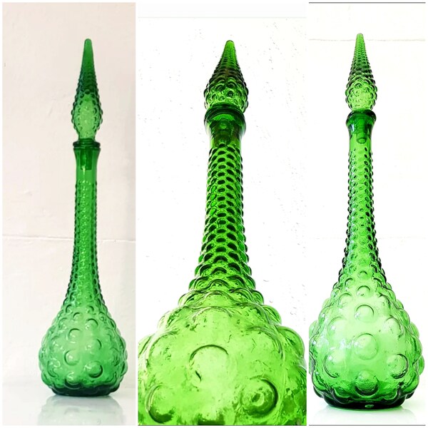 Vintage 20" Italian Empoli Glass Hobnail Bubble Genie Bottle Decanter Emerald Green