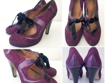 Vintage Betty Jackson Leather & Suede Shoes High Heels Aubergine