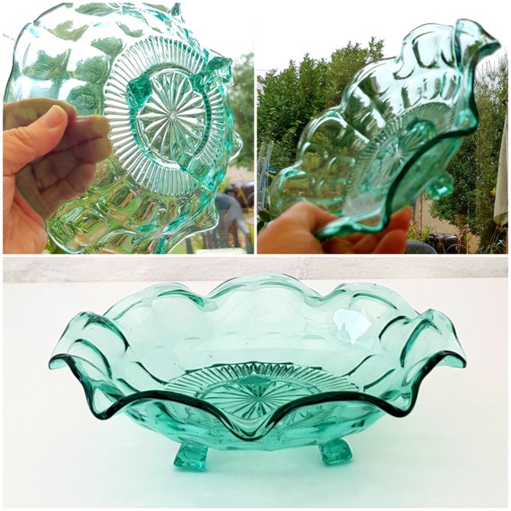 Vintage Glass Dish Footed Teal Green Serving Bowl