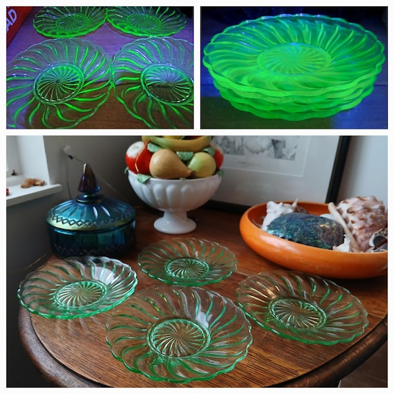 1930-1940年代 ウランガラス アールデコ デザートグラス プレスガラス