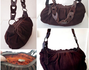 Vintage 90's Top Shop Ruched Bag Real Suede Leather Dark Brown