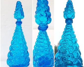 Vintage 16&quot; Italian Empoli Genie Bottle Grape Bubble Kingfisher Blue Glass Decanter & Stopper