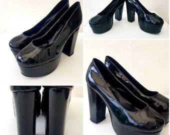 Vintage 90's Platform High Heels Real Leather Patent Shoes Black Size 6