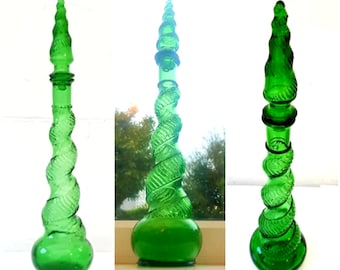Vintage Italian Depose Genie Bottle Emerald Green Glass Twist Snake Spiral Decanter & Stopper