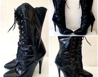 Vintage 90's Stilletoe Real Leather Patent Boots Black