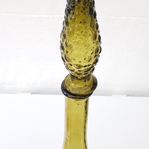 Vintage sällsynt italiensk 22,5" Empoli Genie-flaska olivgrön glaskaraff med nyp, quiltad design och hobnailpropp bild 9