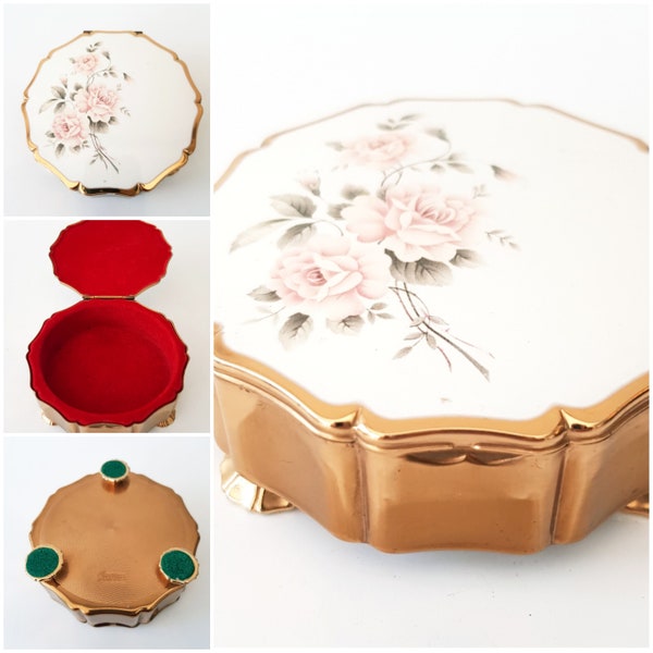 Vintage Stratton Jewellery Trinket Box Enamled Roses Footed