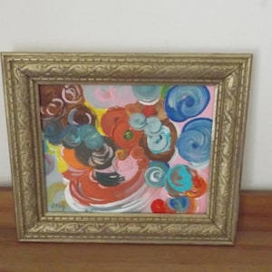Ollin. Abstract painting. signed. Hand carved wooden frame gilded. Acrylic on canvas, board. Series Good Mood. Gift idea.