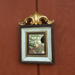 Hollywood Regency wooden distressed frame with Mirror, decorated with gilded composite top. Make up ,Vanity Mirror,Home decor. Wall mirror.
