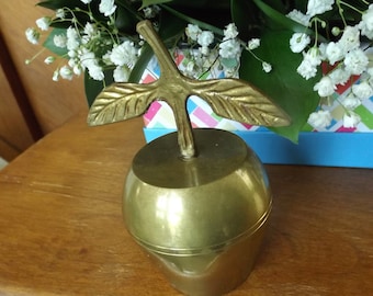 Brass bell with nice ringing and shape of apple with leaves. Dinner time. home decor Gift idea.