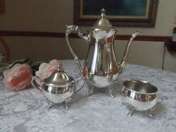 Antique Leonard Silver Plated Full Coffee Tea Set Coffee Pot , Sugar Bowl  Footed Bowl Intricate Pattern Gift Idea. Polished 