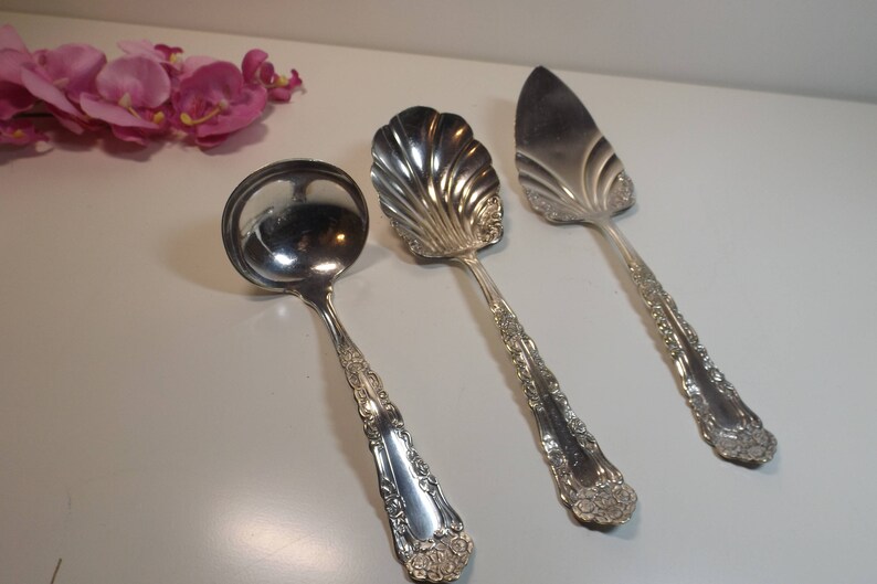 Replacement Banquet wedding Gift idea RARE Trio Silver plated Set serving spoon gravy ladle cake fish server same pattern Royal Plate
