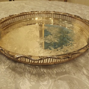15 1/4&quot; Webster & Wilcox silver plated round etched with intricate pattern tray by International Silver Co. Gift idea.Wedding. Dresser tray