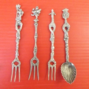 Antique collectible 3 forks & 1 spoon. Italy, Silver Plated Set 4, Lion of Florence and 3 more 1950's Souvenirs Intricate Gift idea