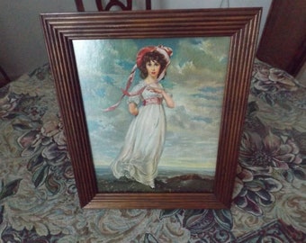 Rare of 60s  vintage Lithograph 10" x 8" by Lowrence "Pinkie", wooden frame. Signed. Non-reflective (Non-Glare) glass covered Gift idea