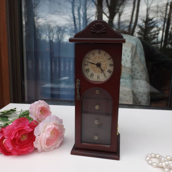 Vitage Antique Look. Rare cherry finished battery operated clock and jewelry box. Mint home decor, office, library. Gift idea Tested works