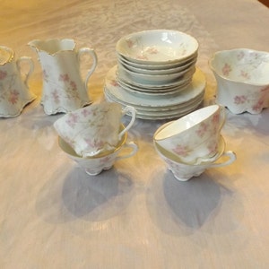 Sale Antique Germany Porcelain tea set service for 4 ,Embossed wavy base total 25 pc Home decor Wedding violets design.Gold trim. Gift idea