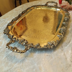 29&quot; Delightful Silver Plated extra large footed serving tray handles, Trade Mark Crown SGEP Grape pattern .wedding banquet Gift idea. USA