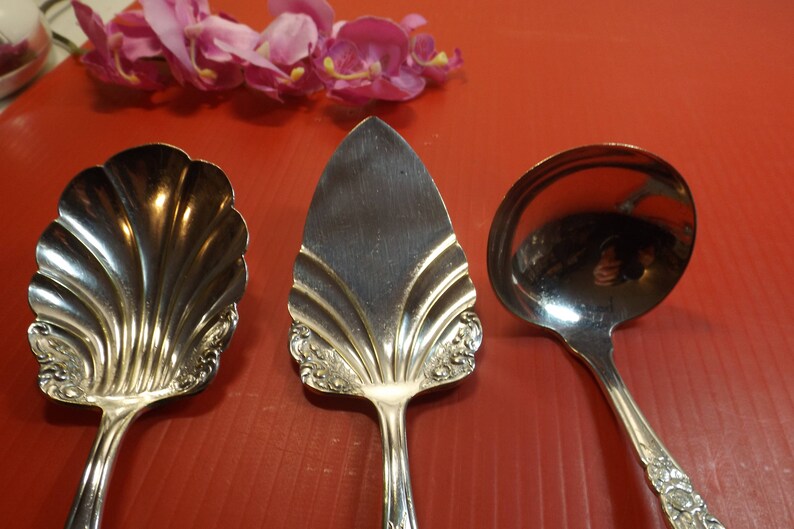 Replacement Banquet wedding Gift idea RARE Trio Silver plated Set serving spoon gravy ladle cake fish server same pattern Royal Plate