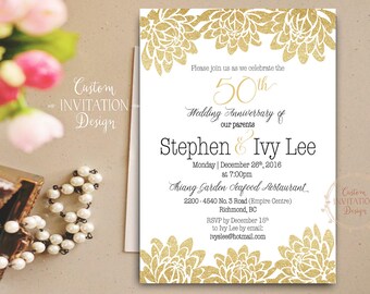 Invitación del 50 aniversario, Aniversario de bodas de oro, Invitación de saludos a 50 años, Invitación de aniversario de oro, Decoraciones de aniversario