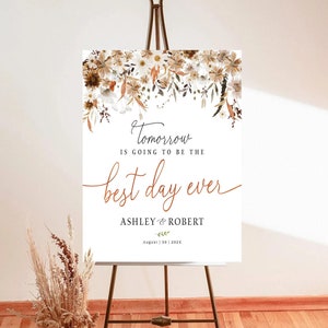 Cartel de la cena de ensayo, Mañana va a ser el mejor día de todos, Decoración de la boda de otoño, Decoración naranja quemada, Cartel de la cena de ensayo de otoño, Otoño