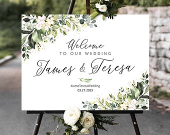 Wedding Welcome Sign, Wedding signs, Greenery Wedding decor, Engagement welcome sign, Rehearsal Sign, Greenery Decor, Greenery wedding sign