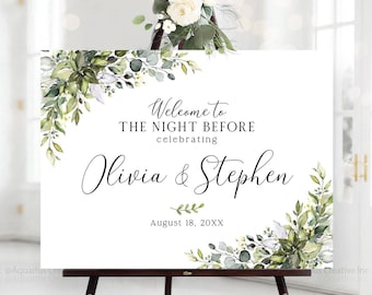 Rehearsal Dinner Sign, Welcome to the Night Before Sign, Wedding Rehearsal Sign, Engagement welcome sign, Greenery Wedding Decorations